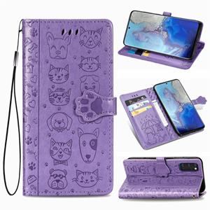 huismerk Voor Galaxy S20 Cute Kat en Hond reliëf horizontale flip lederen zaak met beugel / kaartsleuf / portemonnee / Lanyard (Paars)