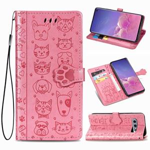 huismerk Voor Galaxy S10E Cute Cat en Dog Embossed Horizontale Flip Lederen Case met Bracket / Card Slot / Wallet / Lanyard(Pink)