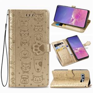 huismerk Voor Galaxy S10E Cute Cat en Dog Embossed Horizontale Flip Lederen Case met Bracket / Card Slot / Wallet / Lanyard(Gold)