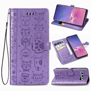 huismerk Voor Galaxy S10E Cute Kat en Hond reliëf horizontale flip lederen zaak met beugel / kaartsleuf / portemonnee / Lanyard (Paars)