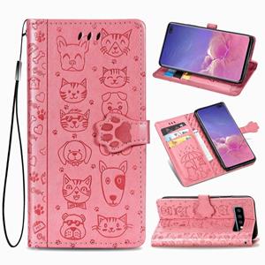 huismerk Voor Galaxy S10 Plus Cute Cat en Dog Embossed Horizontale Flip Lederen Case met Bracket / Card Slot / Wallet / Lanyard(Pink)