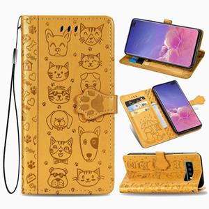 huismerk Voor Galaxy S10 Plus Cute Cat en Dog Embossed Horizontale Flip Lederen Case met Bracket / Card Slot / Wallet / Lanyard(Geel)