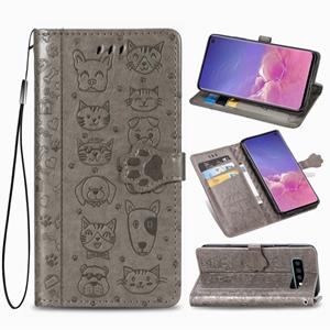 huismerk Voor Galaxy S10 Plus Cute Cat en Dog Embossed Horizontale Flip Lederen Case met Bracket / Card Slot / Wallet / Lanyard(Grijs)