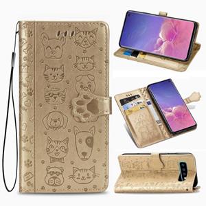 huismerk Voor Galaxy S10 Plus Cute Cat en Dog Embossed Horizontale Flip Lederen Case met Bracket / Card Slot / Wallet / Lanyard(Gold)