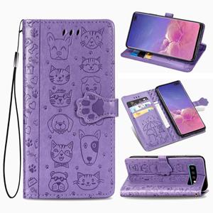 huismerk Voor Galaxy S10 Plus Cute Kat en Hond reliëf horizontale flip lederen zaak met beugel / kaartsleuf / portemonnee / Lanyard (Paars)