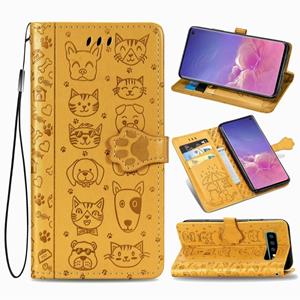 huismerk Voor Galaxy S10 Cute Cat en Dog Embossed Horizontale Flip Lederen Case met beugel / kaartslot / Portemonnee / Lanyard(Geel)