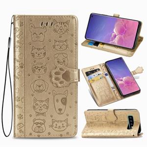 huismerk Voor Galaxy S10 Cute Cat en Dog Embossed Horizontale Flip Lederen Case met bracket / card slot / Wallet / Lanyard(Gold)