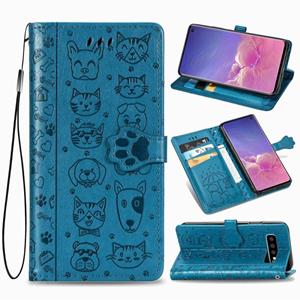 huismerk Voor Galaxy S10 Cute Cat en Dog Embossed Horizontale Flip Lederen Case met bracket / card slot / Wallet / Lanyard(Blauw)