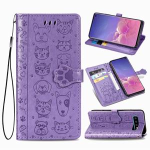 huismerk Voor Galaxy S10 Cute Kat en Hond reliëf horizontale flip lederen zaak met beugel / kaartsleuf / portemonnee / Lanyard (Paars)