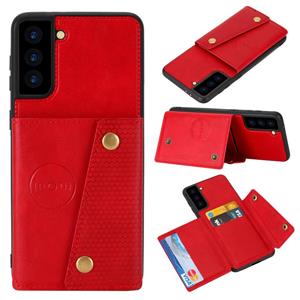 huismerk Voor Samsung Galaxy S21 5G Double Buckle PU + TPU Schokbestendige magnetische beschermhoes met kaartsleuf & houder(rood)