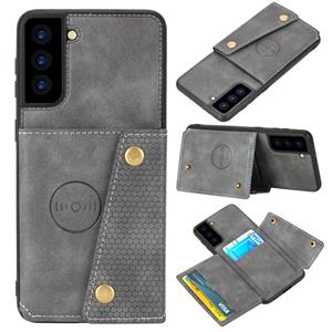 huismerk Voor Samsung Galaxy S21 5G Double Buckle PU + TPU Schokbestendige magnetische beschermhoes met kaartsleuf & houder(grijs)