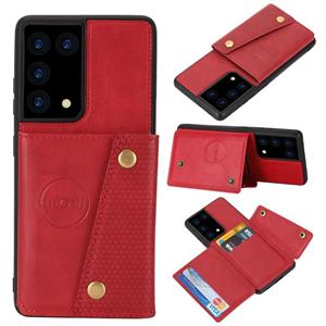 huismerk Voor Samsung Galaxy S21 Ultra 5G Double Buckle PU + TPU Schokbestendige magnetische beschermhoes met kaartsleuf & houder(rood)