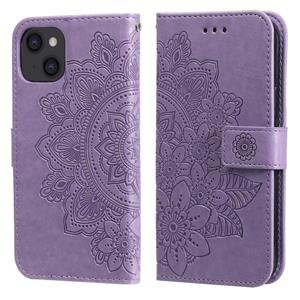 huismerk 7-Petal bloemen embossing patroon horizontale flip pu lederen tas met houder & kaart slots & portemonnee en fotolijst voor iphone 13 (licht paars)