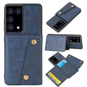 huismerk Voor Samsung Galaxy S21 Ultra 5G Double Buckle PU + TPU Schokbestendige magnetische beschermhoes met kaartsleuf & houder(blauw)