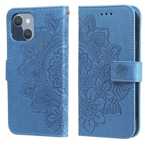 huismerk 7-bloemblaadje bloemen embossing patroon horizontale flip PU lederen geval met houder kaart slots & portemonnee & fotolijst voor iPhone 13 mini (blau