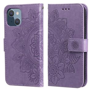 huismerk 7-Petal bloemen embossing patroon horizontale flip pu lederen tas met houder & kaart slots & portemonnee en fotolijst voor iPhone 13 mini (licht paars