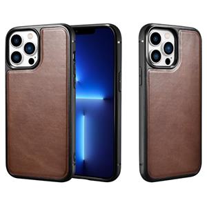 ICARER Cowhide Leather TPU Back Phone Case For iPhone 13 Pro Max(Brown)