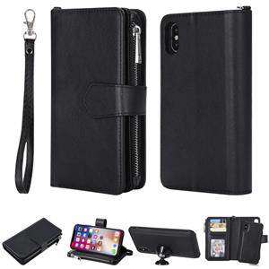 huismerk Voor iPhone XS / X 2 in 1 Solid Color Zipper Shockproof Protective Case met Card Slots & Bracket & Photo Holder & Wallet Function(Black)