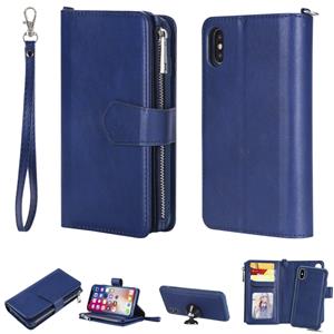 huismerk Voor iPhone XS / X 2 in 1 Solid Color Zipper Shockproof Protective Case met Kaartsleuven & Beugel & Fotohouder & Wallet Functie(Blauw)