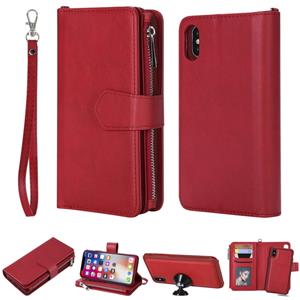 huismerk Voor iPhone XS / X 2 in 1 Solid Color Zipper Shockproof Protective Case met Card Slots & Bracket & Photo Holder & Wallet Function(Red)