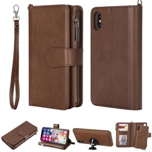 huismerk Voor iPhone XS / X 2 in 1 Solid Color Zipper Shockproof Protective Case met Card Slots & Bracket & Photo Holder & Wallet Function(Brown)