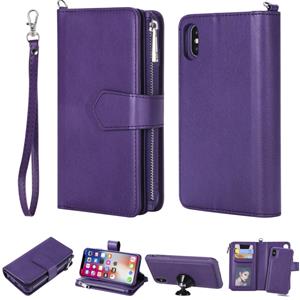 huismerk Voor iPhone XS / X 2 in 1 Solid Color Zipper Shockproof Protective Case met Card Slots & Bracket & Photo Holder & Wallet Function(Purple)