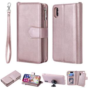 huismerk Voor iPhone XS / X 2 in 1 Solid Color Zipper Shockproof Protective Case met Card Slots & Bracket & Photo Holder & Wallet Function(Rose Gold)