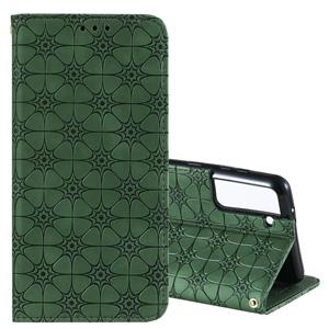 huismerk Voor Samsung Galaxy S21+ 5G Lucky Flowers Embossing Pattern Magnetic Horizontal Flip Leather Case met Holder & Card Slots (Donkergroen)