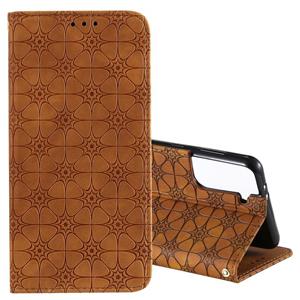 huismerk Voor Samsung Galaxy S21+ 5G Lucky Flowers Embossing Pattern Magnetic Horizontal Flip Leather Case met Holder & Card Slots (Yellow Brown)