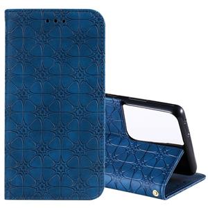 huismerk Voor Samsung Galaxy S21 Ultra 5G Lucky Flowers Embossing Pattern Magnetic Horizontal Flip Leather Case met Holder & Card Slots (Donkerblauw)