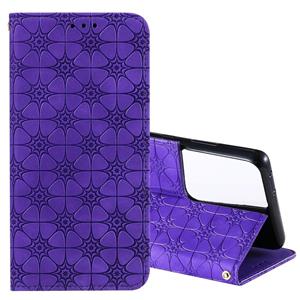 huismerk Voor Samsung Galaxy S21 Ultra 5G Lucky Flowers Embossing Pattern Magnetic Horizontal Flip Leather Case met Holder & Card Slots(Paars)