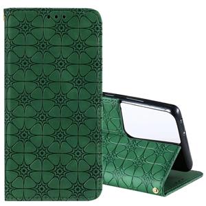 huismerk Voor Samsung Galaxy S21 Ultra 5G Lucky Flowers Embossing Pattern Magnetic Horizontal Flip Leather Case met Holder & Card Slots (Donkergroen)