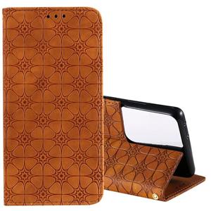 huismerk Voor Samsung Galaxy S21 Ultra 5G Lucky Flowers Embossing Pattern Magnetic Horizontal Flip Leather Case met Holder & Card Slots (Yellow Brown)