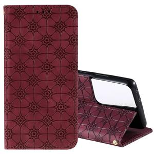 huismerk Voor Samsung Galaxy S21 Ultra 5G Lucky Flowers Embossing Pattern Magnetic Horizontal Flip Leather Case met Holder & Card Slots (Wine Red)