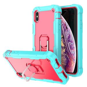 huismerk PC + Rubber 3-lagen schokbestendige beschermhoes met roterende houder voor iPhone XS Max (Mint Green + Rose Red)