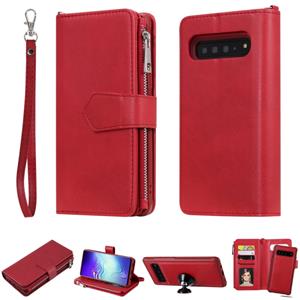 huismerk Voor Galaxy S10 5G 2 in 1 Solid Color Zipper Shockproof Protective Case met Card Slots & Bracket & Photo Holder & Wallet Function(Red)