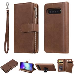 huismerk Voor Galaxy S10 5G 2 in 1 Solid Color Zipper Shockproof Protective Case met Card Slots & Bracket & Photo Holder & Wallet Function(Brown)