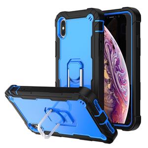 huismerk PC + Rubber 3-lagen Schokbestendige beschermhoes met roterende houder voor iPhone XS Max (zwart + blauw)