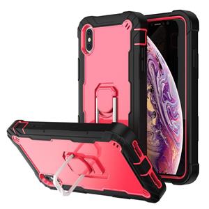 huismerk PC + Rubber 3-lagen schokbestendige beschermhoes met roterende houder voor iPhone XS MAX (zwart + rose rood)