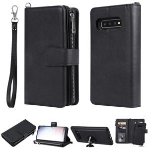 huismerk Voor Galaxy S10 Plus 2 in 1 Solid Color Zipper Shockproof Protective Case met Card Slots & Bracket & Photo Holder & Wallet Function(Black)