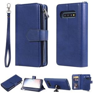 huismerk Voor Galaxy S10 Plus 2 in 1 Solid Color Zipper Shockproof Protective Case met Kaartsleuven & Beugel & Fotohouder & Wallet-functie (Blauw)