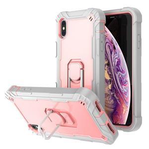 huismerk PC + Rubber 3-lagen schokbestendig beschermhoesje met roterende houder voor iPhone XS Max (grijs wit + roségoud)