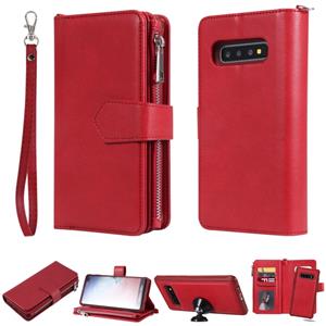 huismerk Voor Galaxy S10 Plus 2 in 1 Solid Color Zipper Shockproof Protective Case met Card Slots & Bracket & Photo Holder & Wallet Function(Red)