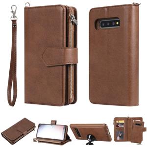 huismerk Voor Galaxy S10 Plus 2 in 1 Solid Color Zipper Shockproof Protective Case met Card Slots & Bracket & Photo Holder & Wallet Function(Brown)