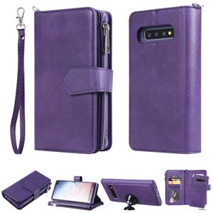 huismerk Voor Galaxy S10 Plus 2 in 1 Solid Color Zipper Shockproof Protective Case met Card Slots & Bracket & Photo Holder & Wallet Function(Purple)