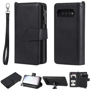 huismerk Voor Galaxy S10 2 in 1 Solid Color Zipper Shockproof Protective Case met Card Slots & Bracket & Photo Holder & Wallet Function(Black)