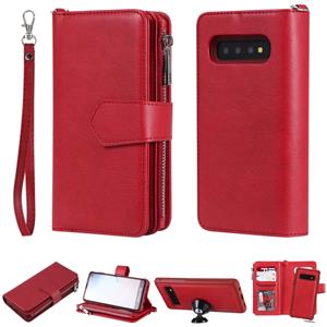 huismerk Voor Galaxy S10 2 in 1 Solid Color Zipper Shockproof Protective Case met Card Slots & Bracket & Photo Holder & Wallet Function(Red)