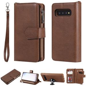 huismerk Voor Galaxy S10 2 in 1 Solid Color Zipper Shockproof Protective Case met Card Slots & Bracket & Photo Holder & Wallet Function(Brown)