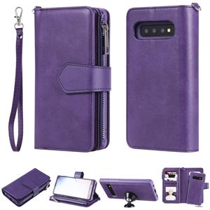 huismerk Voor Galaxy S10 2 in 1 Solid Color Zipper Shockproof Protective Case met Card Slots & Bracket & Photo Holder & Wallet Function(Purple)