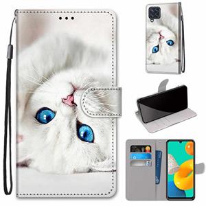 huismerk Voor Samsung Galaxy M32 Gekleurde Tekening Cross Texture Horizontale Flip PU Lederen Case met Houder & Card Slots & Wallet & Lanyard (White Kitten)